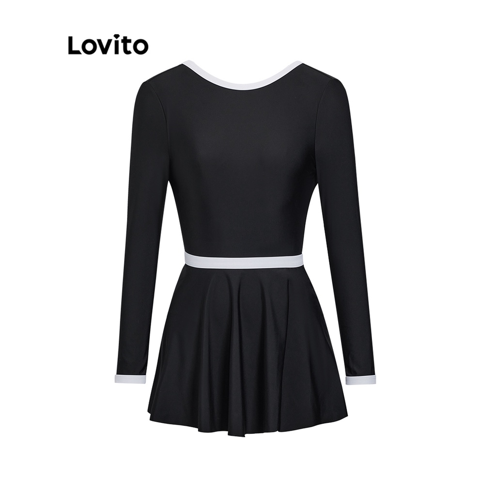 Bộ đồ bơi hai mảnh Lovito hở lưng buộc dây viền tương phản cơ bản màu trơn phong cách thường ngày cho nữ L50AD022 (đen)