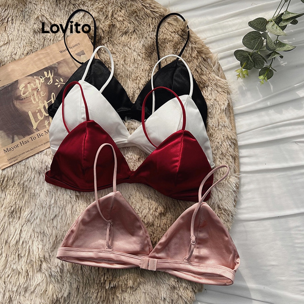 Áo ngực Lovito cổ V dây mảnh có thể điều chỉnh bằng satin màu trơn thường ngày cho nữ L50AD045 (Nhiều màu)