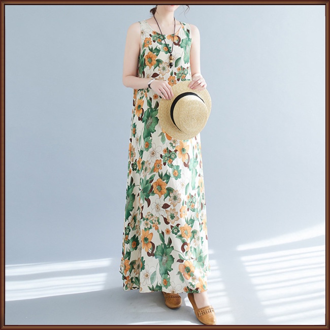 Đầm Dài Rộng Không Tay Bằng Vải Lanh Cotton In Hình Phong Cách Bohemian Thời Trang Mùa Hè Dành Cho Nữ