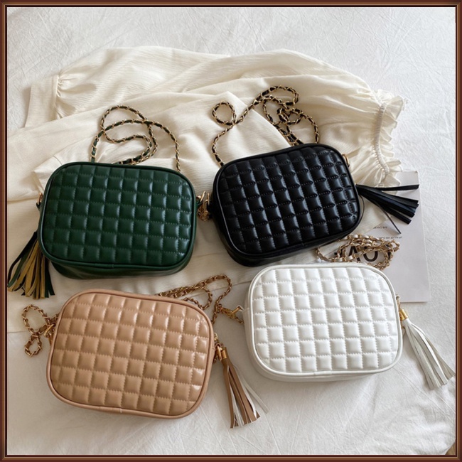 Túi Xách Da Pu Mini Dáng Vuông Vân Kim Cương Phối Dây Xích Kiểu Retro Đơn Giản Cho Nữ