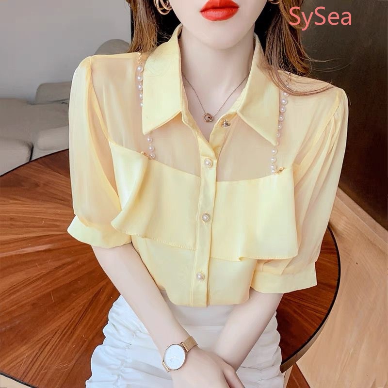 Áo Sơ Mi Voan Phối Ren Bèo Nhún Thanh Lịch Thời Trang Cho Nữ