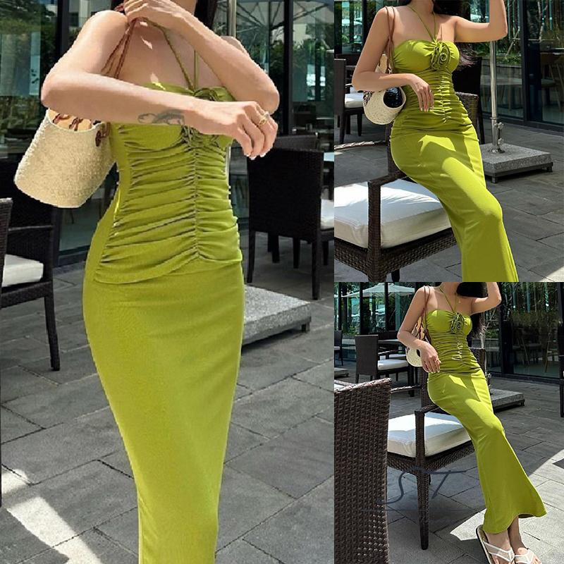 Đầm Dự Tiệc Hai Dây Cổ Yếm Xếp Ly Thời Trang Xuân Hè Cho Nữ CY03 S-M-L