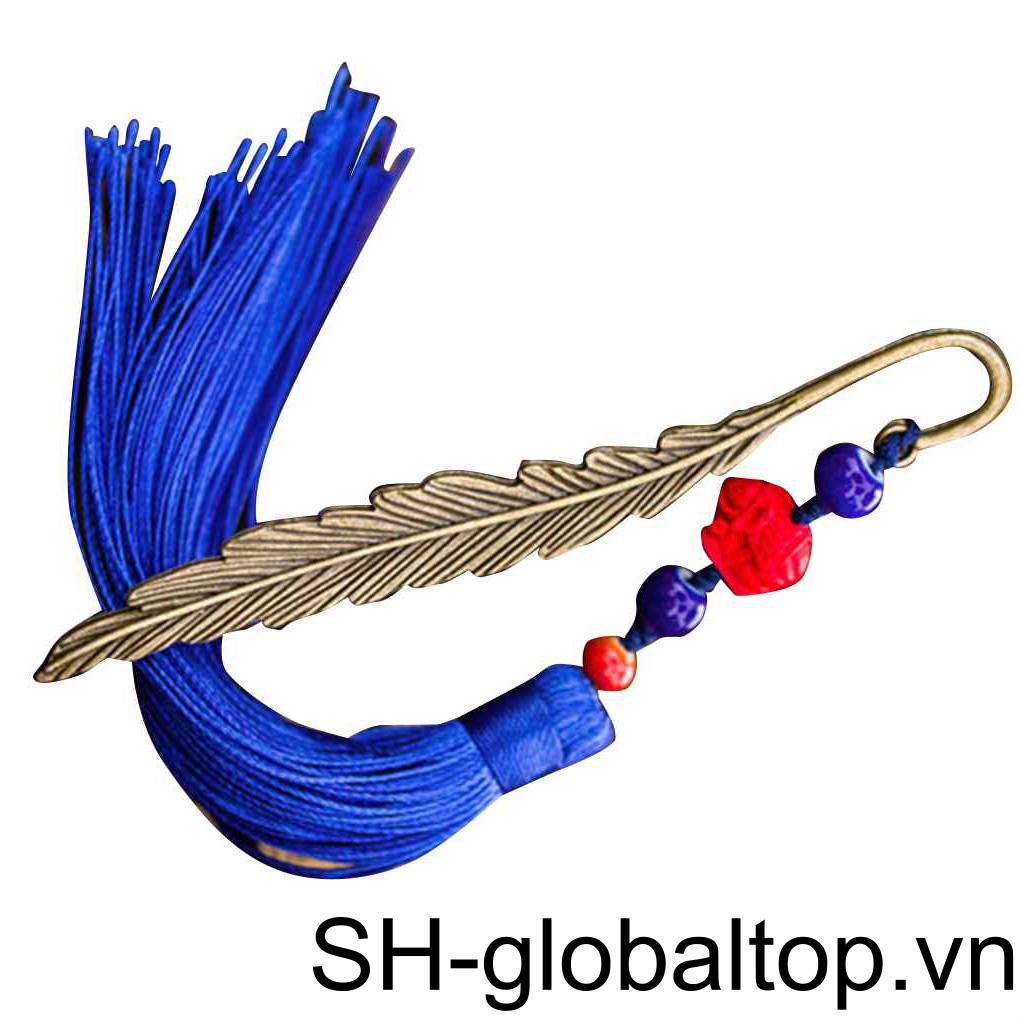 Thẻ Đánh Dấu Trang Sách Màu Xanh Dương Phối Tua Rua Phong Cách Trung Hoa Cổ Điển