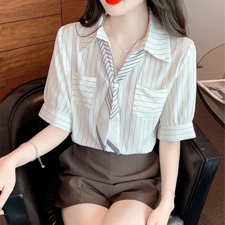 Áo Sơ Mi Lụa Mỏng Mùa Hè Tay Cộc Có Túi Và Khăn Quàng Cổ Họa Tiết Kẻ Sọc Phong Cách Mới 2023 Cho Nữ AR8W