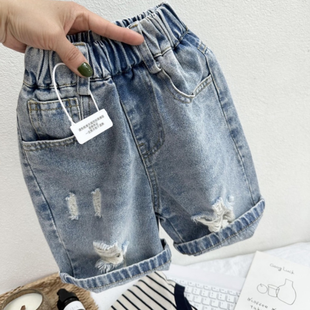 Quần Short Denim Rách Dáng Rộng Thoải Mái Thời Trang Mùa Hè Phong Cách Hàn Quốc Cho Bé Trai