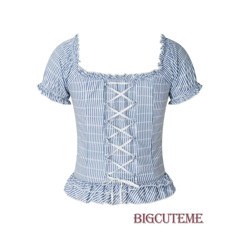 Áo Croptop Tay Ngắn Họa Tiết Sọc Caro Xinh Xắn Cho Nữ