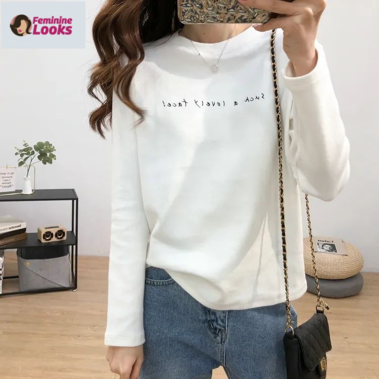 Áo Thun Nhung Đức Hai Mặt Tay Dài Dáng Rộng In Chữ Phong Cách Hàn Quốc