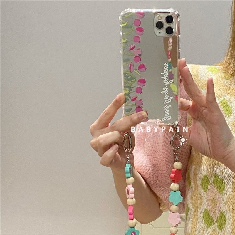 Ốp Điện Thoại Gắn Gương Hình Hoa Tulip Gắn Dây Đeo Cho Iphone 11 12 13 13 12 11 Pro Max X Xs XR XSMAX 7Plus 8Plus