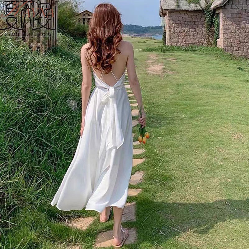 Đầm Hai Dây Hở Lưng Màu Trắng Phong Cách Pháp Cổ Điển Thời Trang Mùa Hè 2023 Mới
