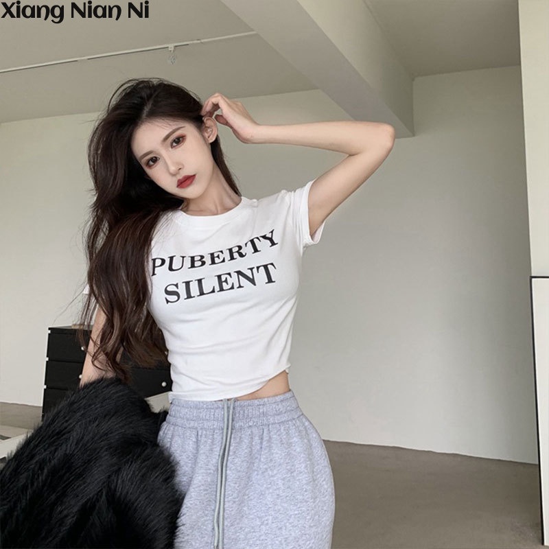 Xiang Nian Ni Áo Thun Croptop Tay Ngắn In Chữ Phong Cách Hong Kong Cho Nữ