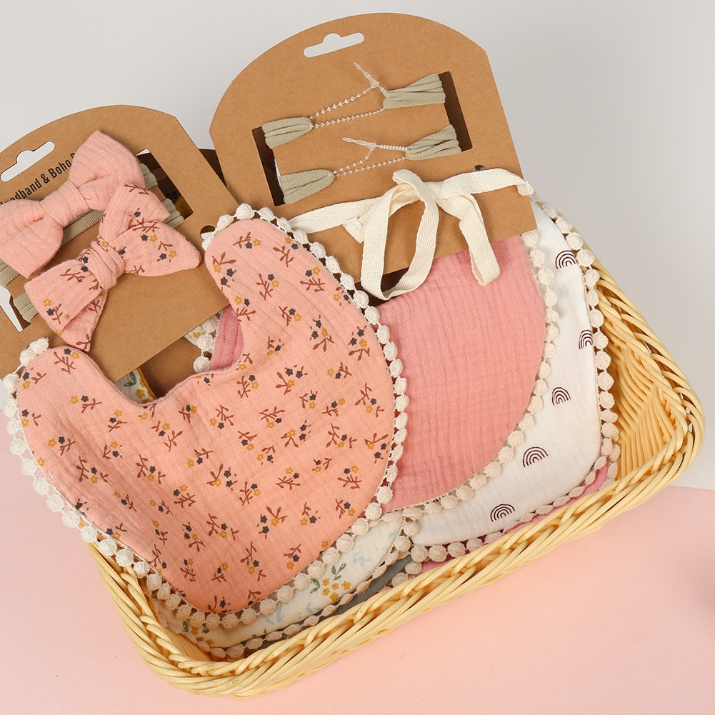 1 Bộ Khăn Lau Nước Bọt Với Băng Đô Hai Lớp Vải Gạc Nhăn Cho Bé