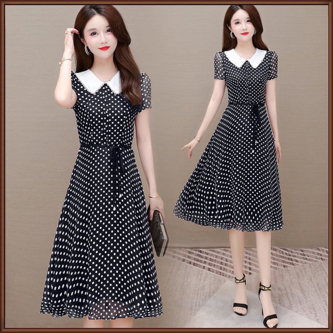 Đầm Dáng Chữ A Tay Ngắn Cổ Búp Bê Họa Tiết Chấm Bi Cỡ Lớn Thời Trang Mùa Hè Cho Nữ