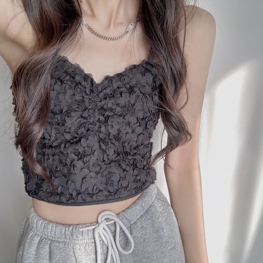 Suxi Áo Tank Top Hai Dây Màu Trơn Họa Tiết Hoa Có Đệm Ngực Cho Nữ