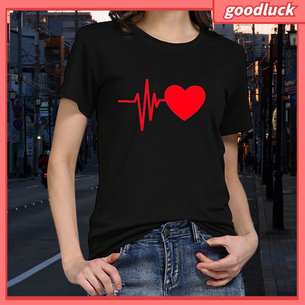 Áo Thun Cổ Tròn Chất Liệu Polyester In Họa Tiết Trái Tim Chống Phai Màu Thời Trang Cho Nữ