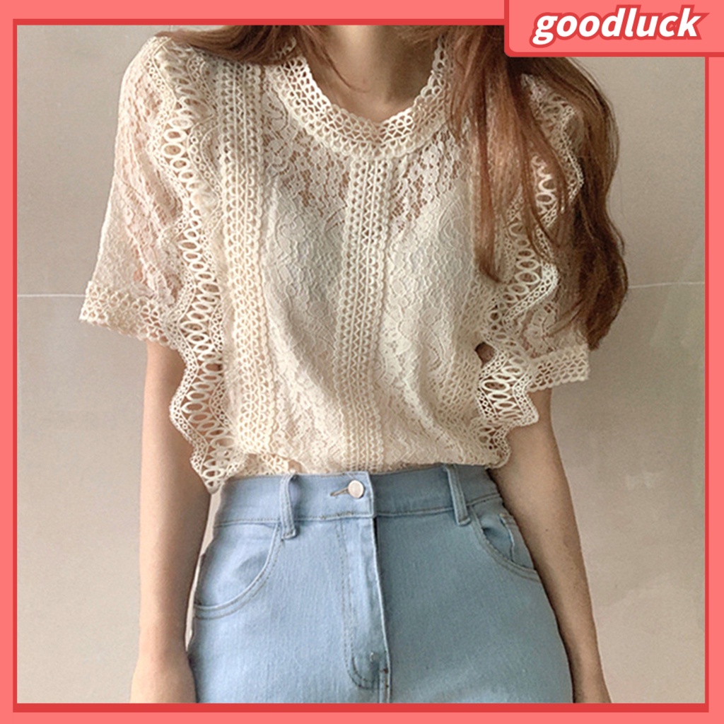 Áo Sơ Mi Tay Ngắn Cổ Tròn Dáng Rộng Phối Ren Thanh Lịch Thời Trang Mùa Hè