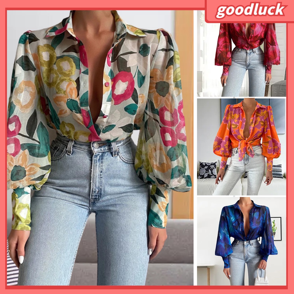 [ULK] Áo Sơ Mi Tay Phồng In Hoa Cổ Bẻ Cài Một Hàng Nút Rộng Phong Cách Vintage Cho Nữ