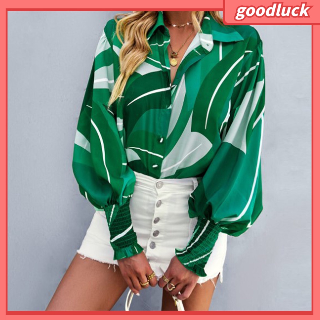 Áo Sơ Mi Tay Dài Phồng Xếp Ly Cài Một Hàng Khuy Co Giãn In Họa Tiết Hoa Thời Trang Công Sở