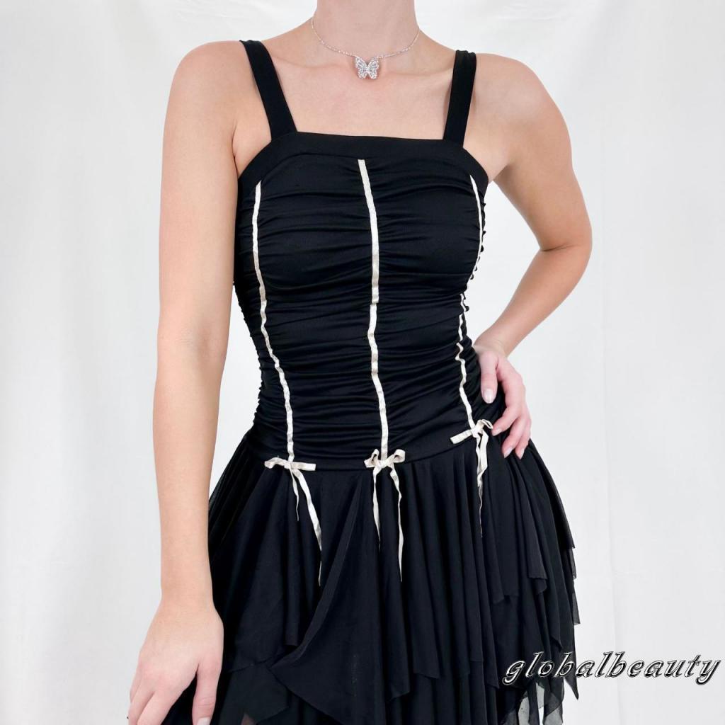 Đầm Mini Dáng Chữ A Không Tay Vạt Trước Không Đối Xứng Đính Nơ Phong Cách Gothic Thời Trang Mùa Hè Cho Nữ