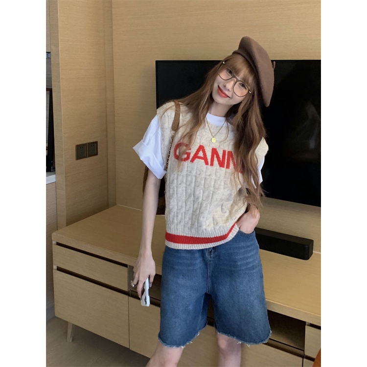 Áo Dệt Kim Sát Nách Dáng Rộng In Chữ Thời Trang Mới Cho Nữ