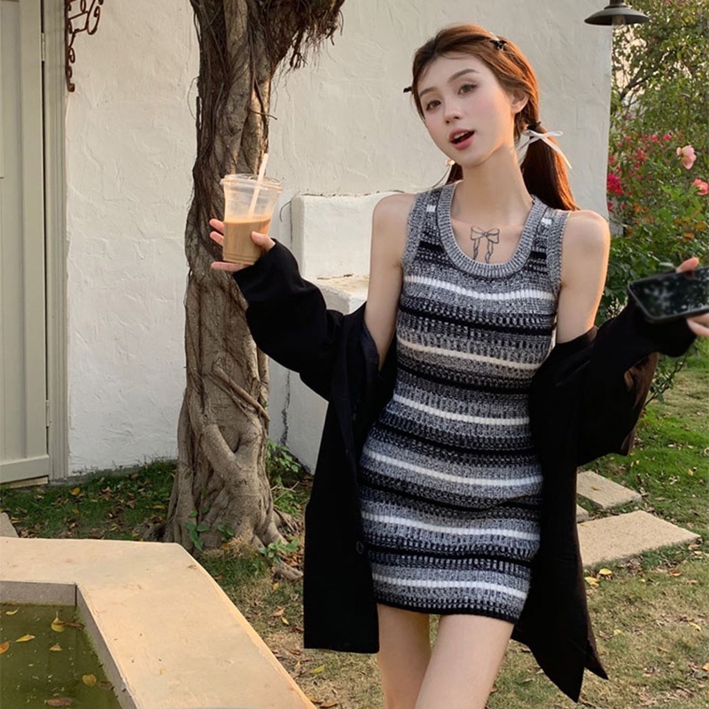 Đầm Dệt Kim Sát Nách Kẻ Sọc Màu Gradient Phong Cách Hàn Quốc Cho Nữ