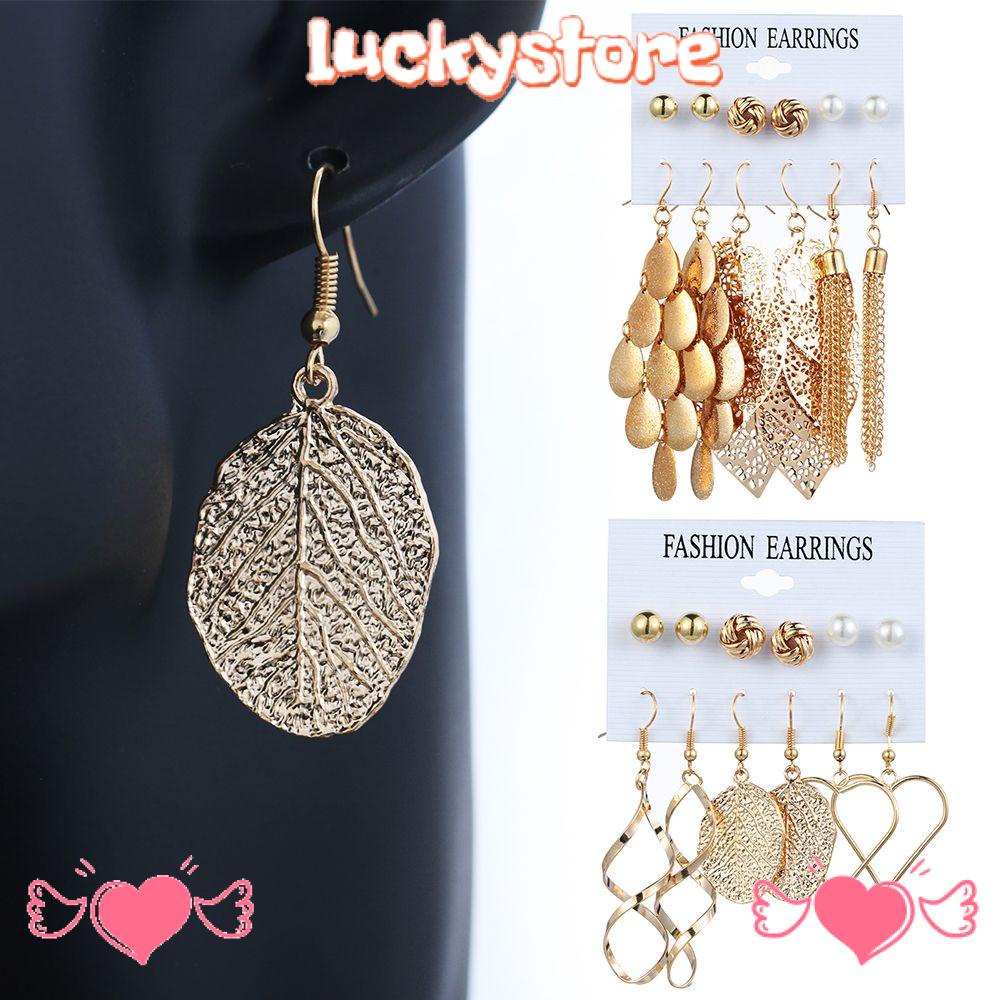 Set 6 Đôi Khuyên Tai Phong Cách Bohemian|Mặt Dây Chuyền Hình Học Họa Tiết Chiếc Lá Nhiều Màu Sắc