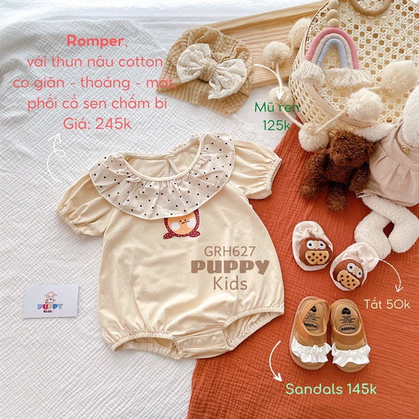 (GRH627) (5-12kg) Bộ liền thân dành cho bé gái (PUPPY KIDS) Romper vải thun nâu cotton, phối cổ sen chấm bi.