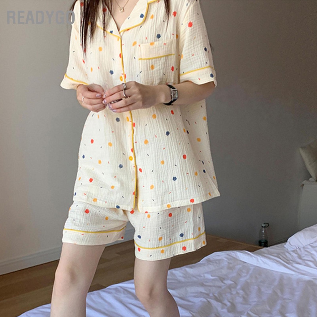 ReadyGo Bộ Đồ Ngủ Nữ Tay Ngắn Cổ Gập Nút Lên Dáng Rộng Mềm Mại Thoáng Khí Cho Mùa Hè