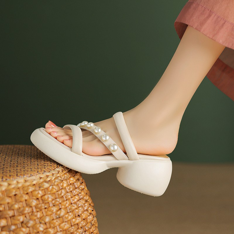 Duoya Tóc Thẳng ~ [Hàng Có Sẵn] Giày Sandal Đế Dày Hở Ngón Bằng Da Mềm Đính Hạt Thời Trang Nữ