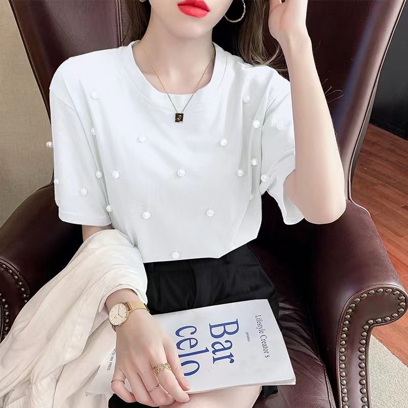 Áo Thun Tay Ngắn Dáng Rộng Đính Hạt Thời Trang Mùa Hè Sang Trọng Cho Nữ