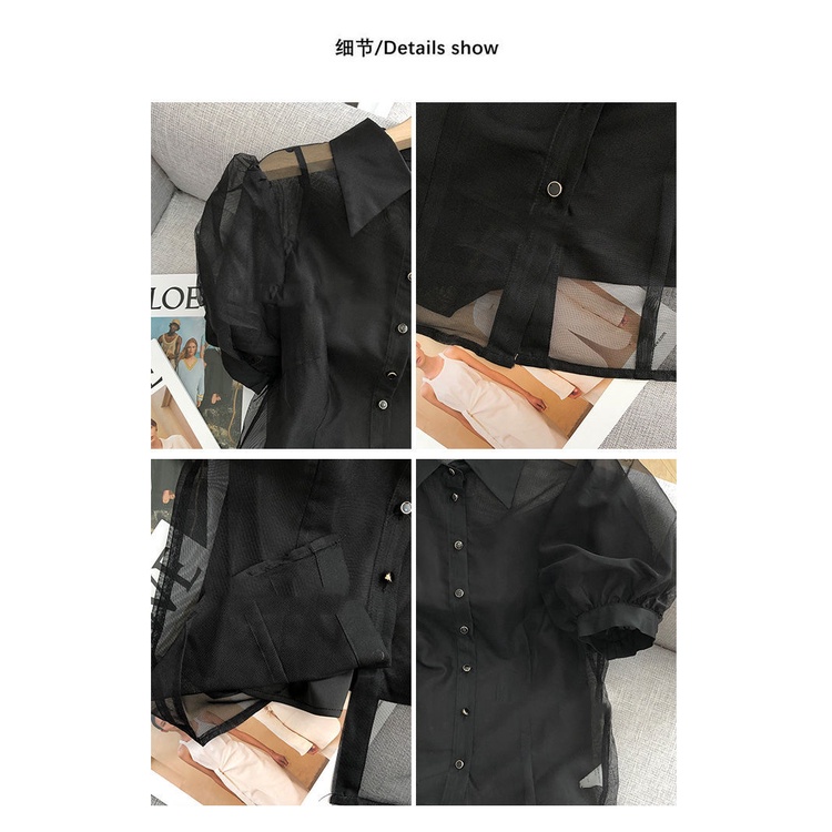 Áo Sơ Mi Tay Ngắn Phồng Trong Suốt Màu Đen Thời Trang Mùa Hè 2023 Cho Nữ