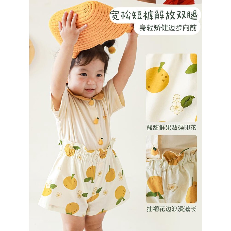 Bộ Áo Sơ Mi Cổ Búp Bê Tay Ngắn + Quần Short In Họa Tiết Trái Cây Màu Tương Phản Thời Trang Mùa