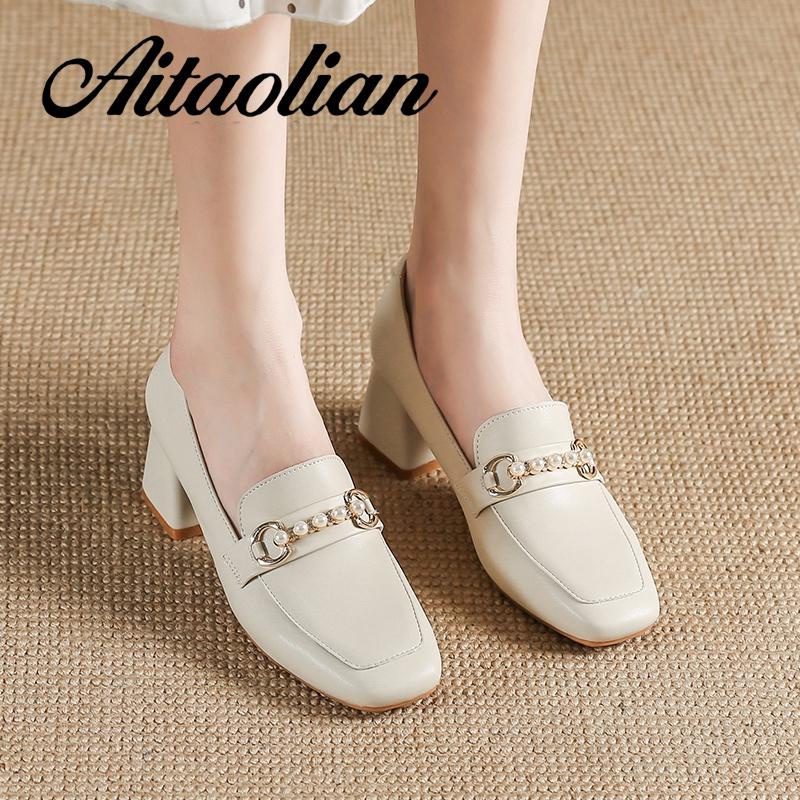 Giày Cao Gót 6cm Da Thật Mũi Vuông Phong Cách retro Anh Quốc Cho Nữ Mềm