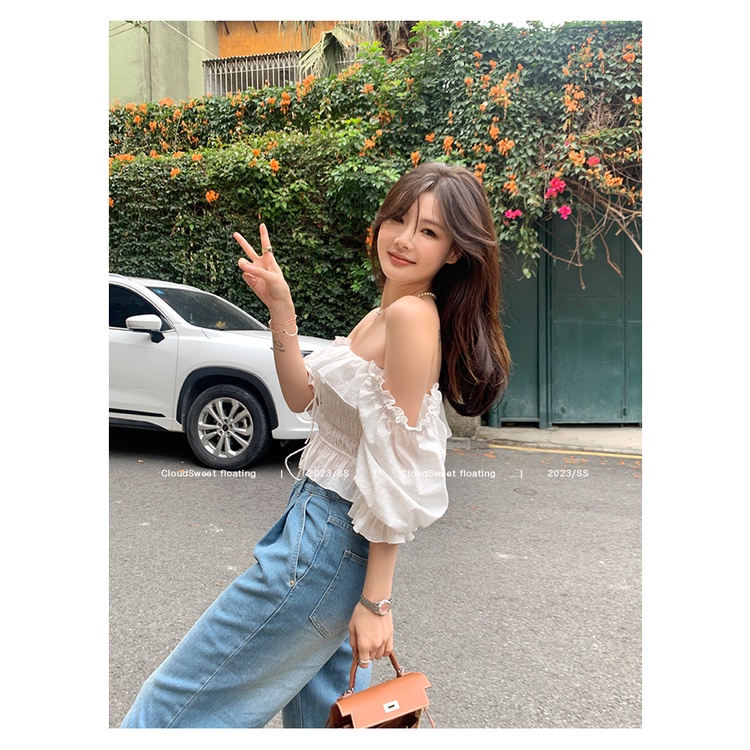 SUXI Áo Kiểu Tay Phồng Trễ Vai Màu Sắc Ngọt Ngào Thời Trang Mùa Hè