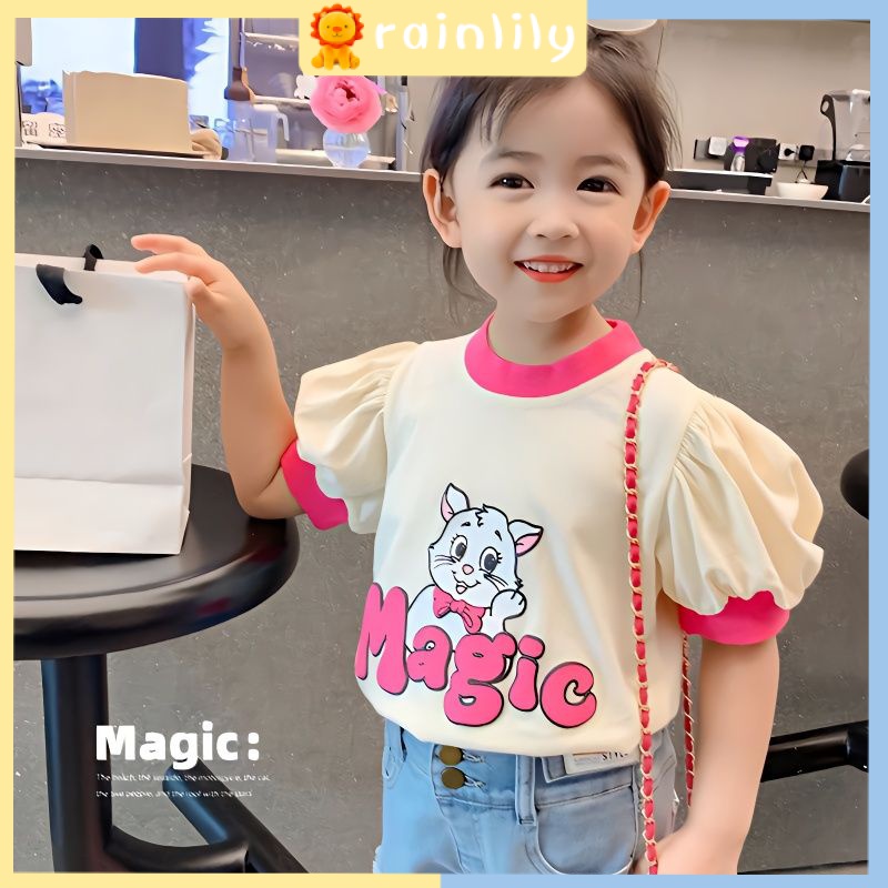 Áo Thun Cotton Tay Ngắn Phồng Thời Trang Mùa Hè 2023 Phong Cách Mới Cho Bé Gái