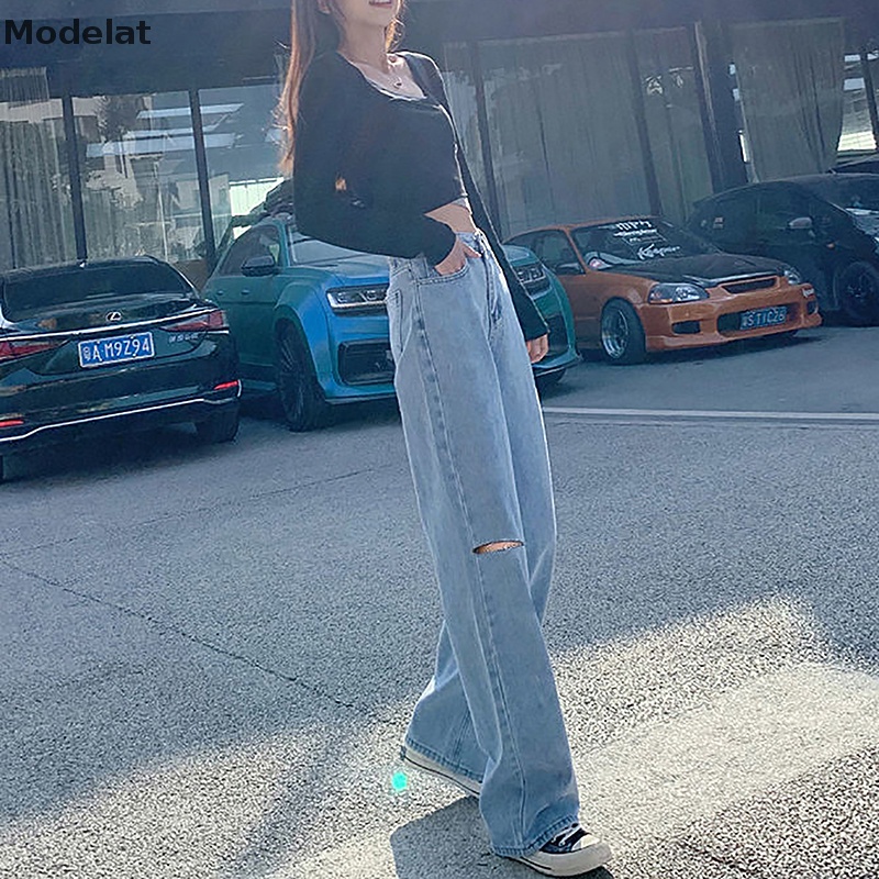 Mfc Quần Jean Nữ Lưng Cao Rách Gối Y2k WTD Y2k