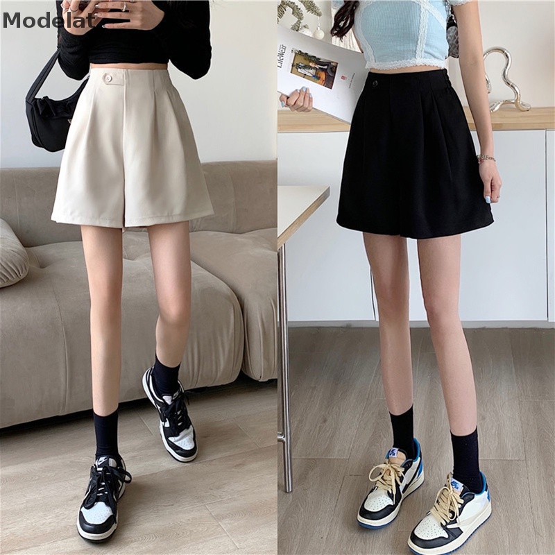 Quần Short Chữ A Lưng Cao Ống Rộng Màu Đen Phong Cách Hàn Quốc Thời Trang Xuân Hè 2023 Cho Bạn Gái