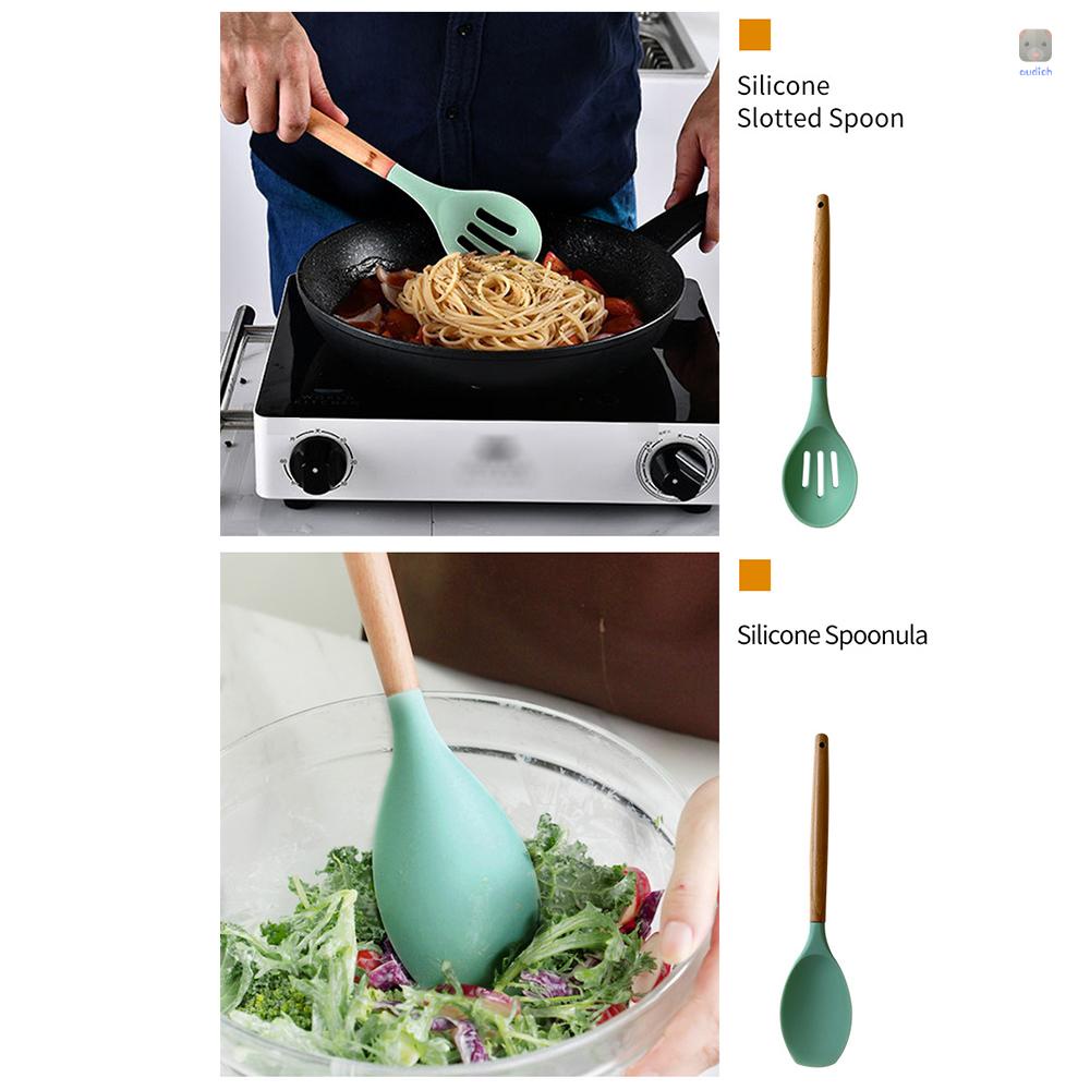 Bộ 12 Dụng Cụ Nấu Ăn Bằng Silicone Cán Gỗ Cách Nhiệt Chống Dính