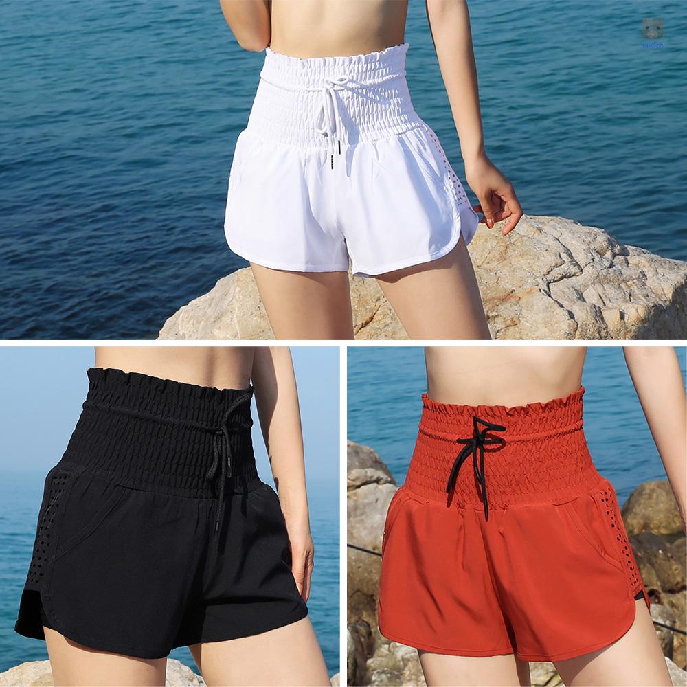 Quần Short Thể Thao 2 Trong 1 Lưng Cao Khô Thoáng Phối Dây Rút Thời Trang Cho Nữ