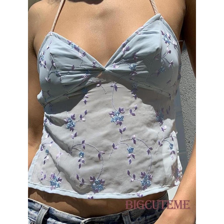 Áo Croptop Hai Dây Thêu Hoa Hở Lưng Thời Trang Mùa Hè Dành Cho Nữ