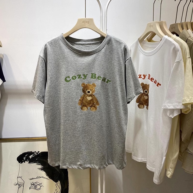 Áo Thun 100% Cotton Tay Ngắn Cổ Tròn In Họa Tiết Phong Cách Hàn Quốc Cho Nữ