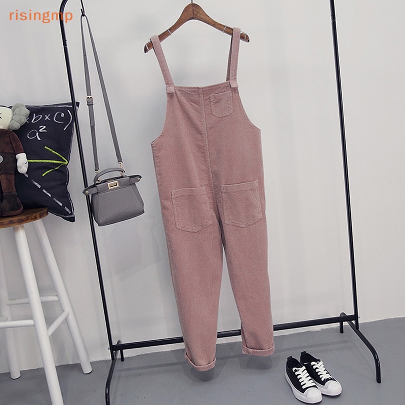 [risingmp] Quần Yếm Dáng Rộng Bằng Nhung Kẻ Màu Trơn Có Túi Phong Cách Hàn Quốc Giản Dị Dành Cho Nữ