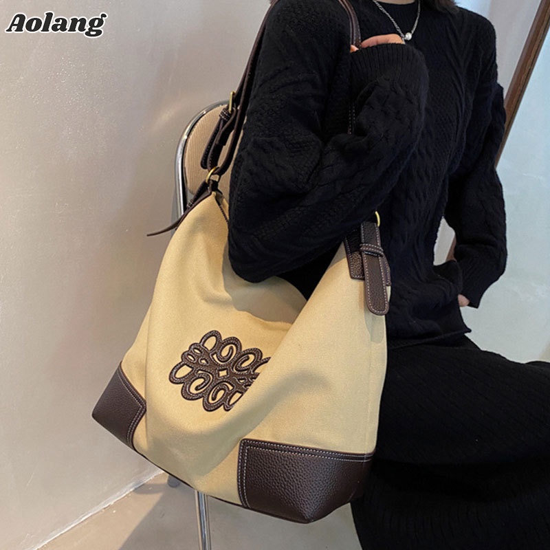Aolang Túi Xách Canvas Da Cỡ Lớn Thời Trung Cổ Cho Nữ