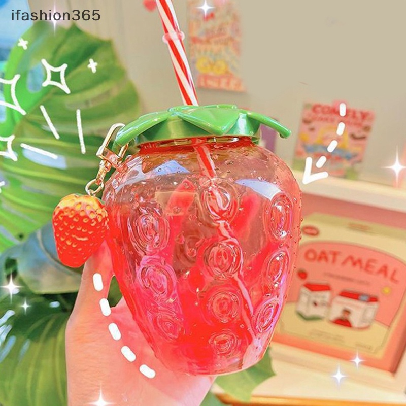 Bình Uống Nước 500ml Kèm Ống Hút Hình Trái Dâu Dễ Thương Dùng Trang Trí