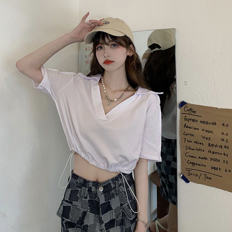 IELGY    Áo Thun crop top Tay Ngắn Cổ polo Eo Cao Thời Trang Dành Cho Nữ