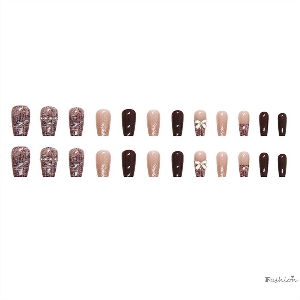 Móng Tay Giả Màu Cà Phê / Thắt Nơ Đính Ngọc Trai Lâu Trôi Chống Thấm Nước An