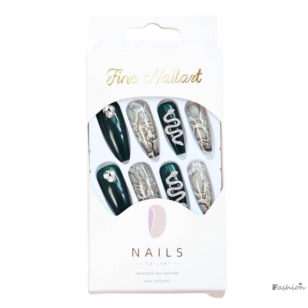 Móng Tay Giả Dài Màu Xanh Lá In Họa Tiết Da Rắn Chống Nhòe