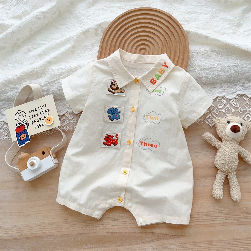 Áo Liền Quần Ngắn Tay Thêu Họa Tiết Hoạt Hình Phong Cách Hàn Quốc Thời Trang Mùa Hè Cho Bé Trai