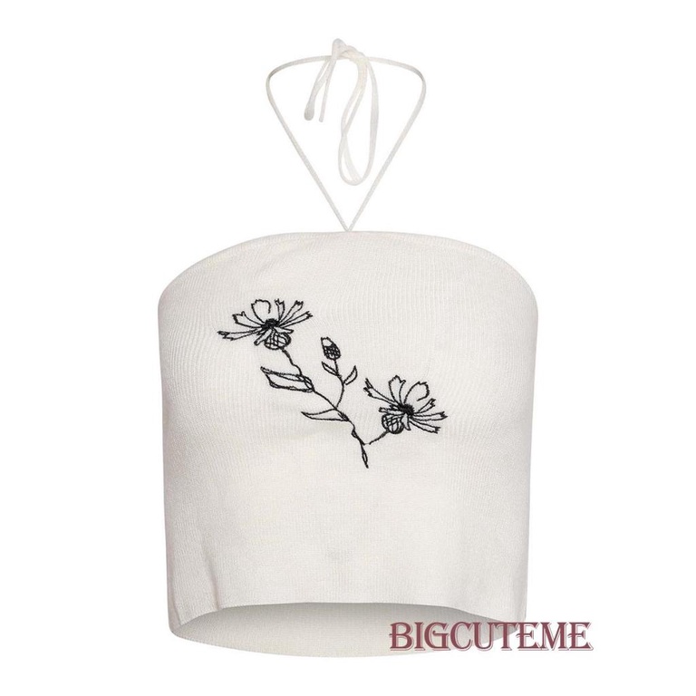 [] - Áo Crop Top Dệt Kim Không Dây Buộc Dây Phía Trước Thêu Hoa Màu Sắc Tương Phản Cho Nữ