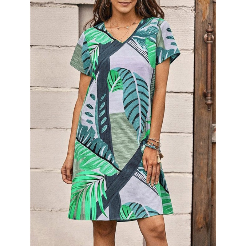 Đầm Thun Ngắn Tay Dáng Xòe In Họa Tiết Hoa Phong Cách Boho Thời Trang Mùa Hè Cho Nữ