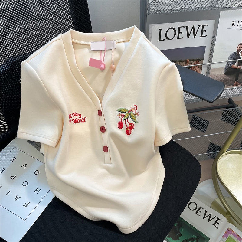 Áo Thun Tay Ngắn Cổ Chữ V Dáng Rộng In Hình Quả Cherry Thời Trang Mùa Hè Cho Nữ
